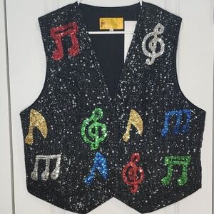 001 USA Black Sequin Music Note Vest XL Women's